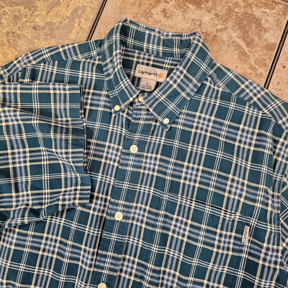 Carhartt Mens Large Short Sleeve Plaid Button Down Teal Blue Cotton Workwear